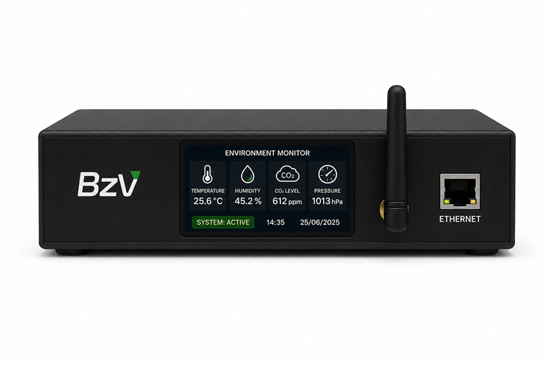 BzView rack-mount environmental monitoring device with live temperature, humidity and air quality display